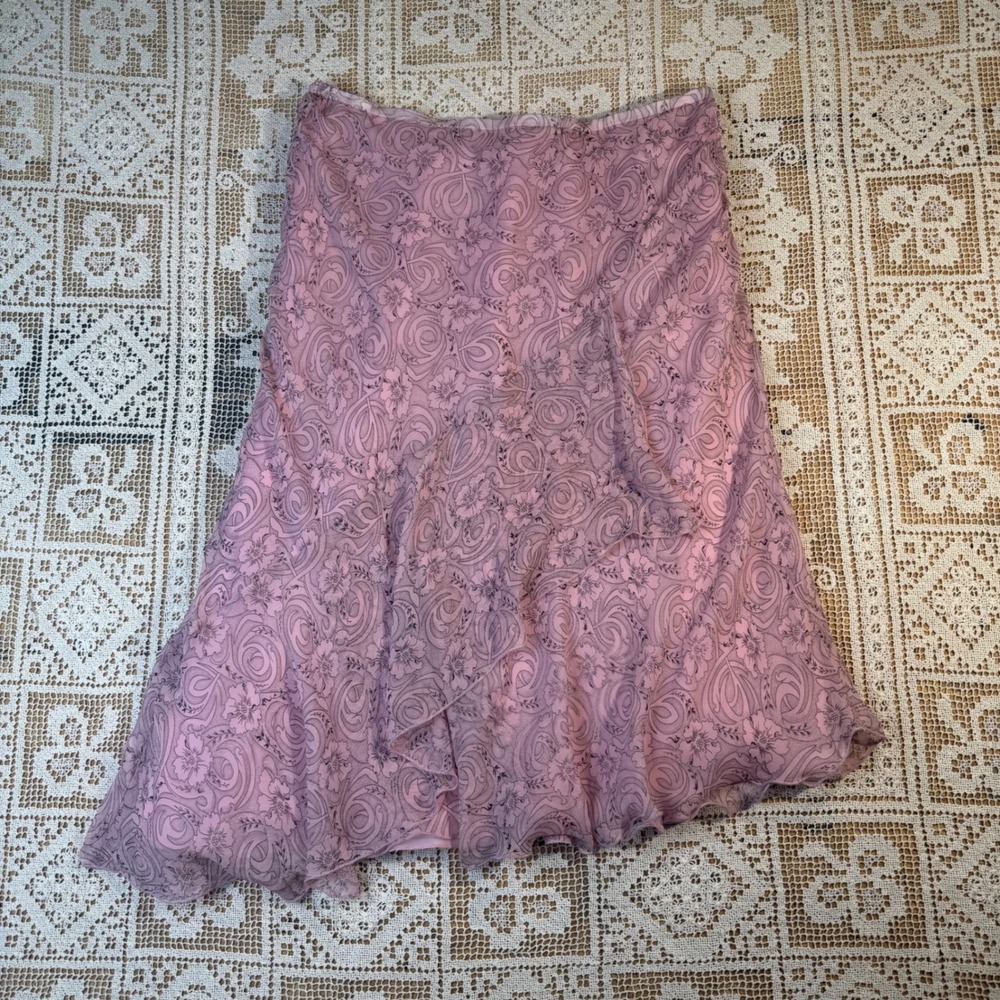 Worthington Vtg 100% Silk Pink Floral Paisley Ruffled Hem Lined Skirt sz 12